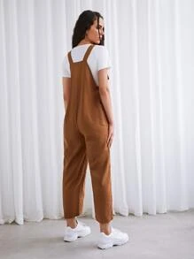 SHEIN Adjustable Strap Pocket Front Overall Jumpsuit - Brown - View 2