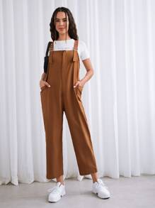 SHEIN Adjustable Strap Pocket Front Overall Jumpsuit - Brown - View 3