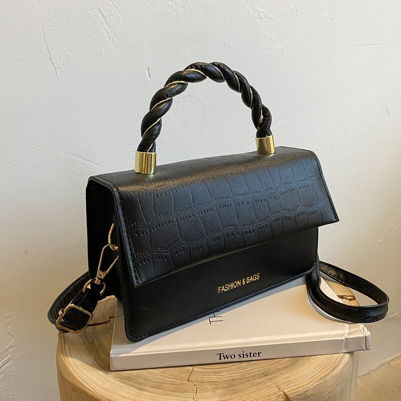 

Croc Embossed Flap Square Bag, Black