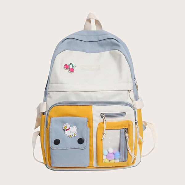 

Colorblock Cartoon Decor Pocket Front Backpack, Multicolor