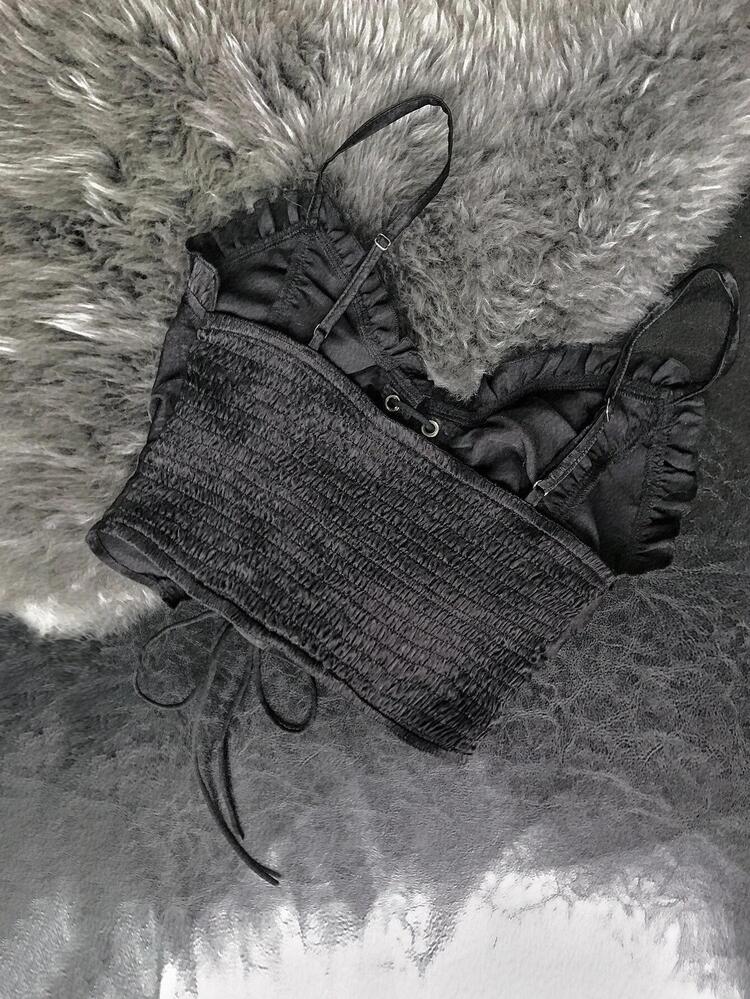 Celure Plus Frill Hem Lace Up Cami Top - Black - View 2