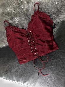 SHEIN Clasi Plus Frill Hem Lace Up Cami Top - Burgundy - View 1