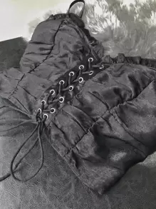 Celure Top de tirantes bajo fruncido con cordón - Negro - Ver 5