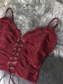 SHEIN Clasi Plus Frill Hem Lace Up Cami Top - Burgundy - View 3