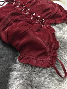 SHEIN Clasi Plus Frill Hem Lace Up Cami Top - Burgundy - View 4