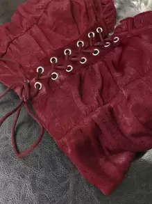 SHEIN Clasi Plus Frill Hem Lace Up Cami Top - Burgundy - View 5