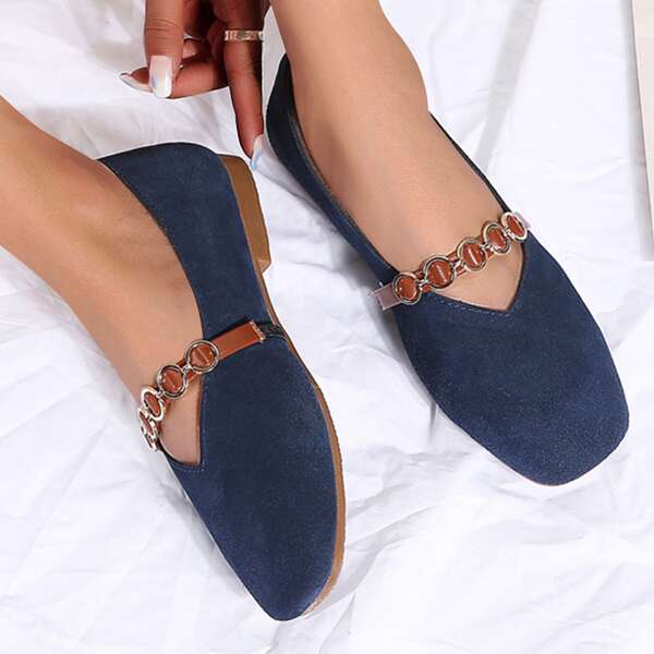 

Leather Chain Decor Mary Jane Flats, Blue