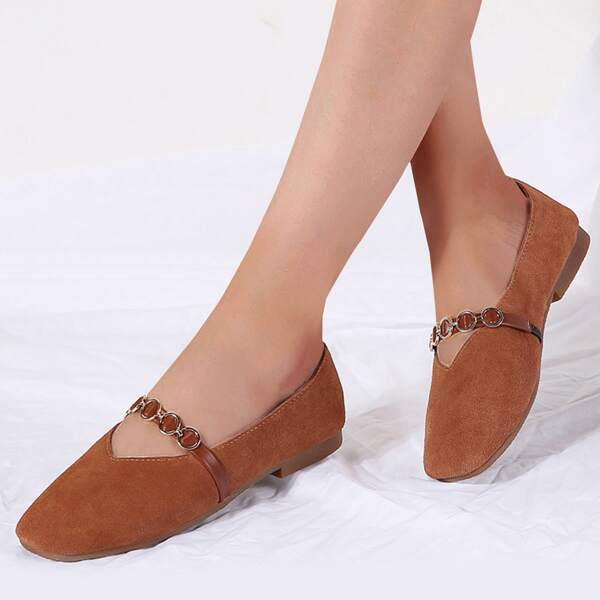 

Metal Decor Square Toe Flats, Brown