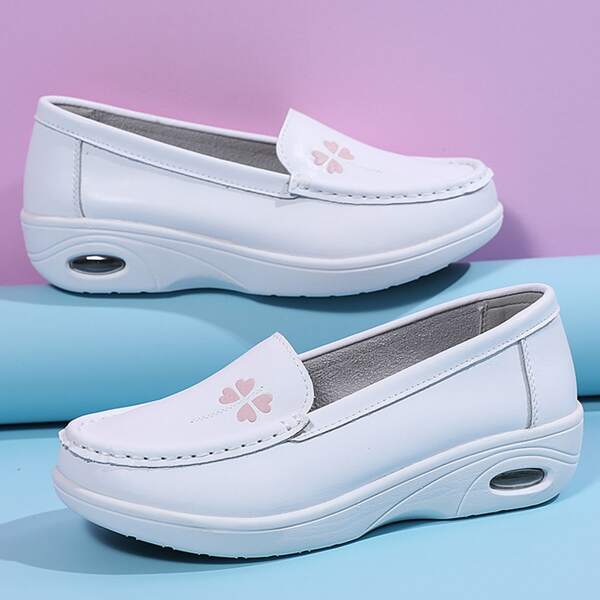 

Floral Graphic Leather Wedge Loafers, White