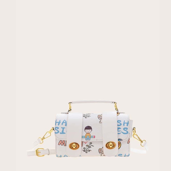 

Cartoon Graphic Flap Satchel Bag, White