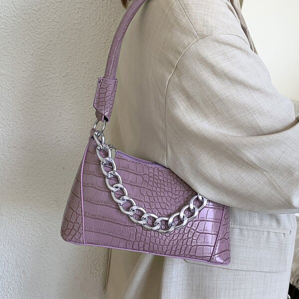 

Minimalist Croc Embossed Chain Decor Satchel Bag, Purple