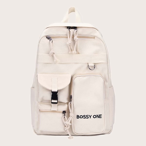 

Minimalist Pocket Front Letter Graphic Backpack, Beige