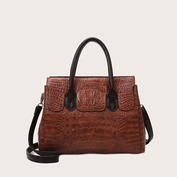 

Croc Embossed Top Handle Bag, Brown