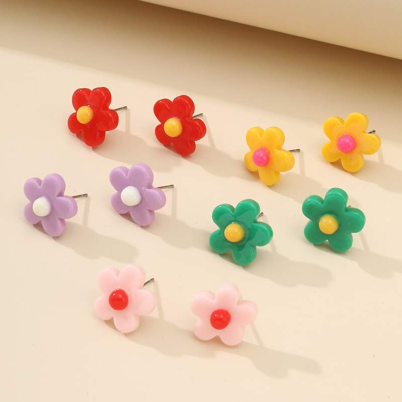 

5pairs Floral Stud Earrings, Multicolor