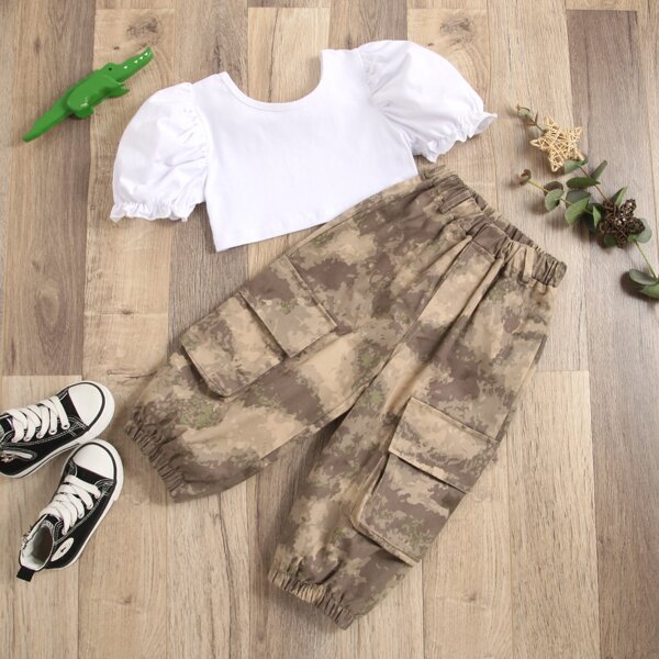 

Toddler Girls Puff Sleeve Crop Top & Camo Cargo Pants, Multicolor