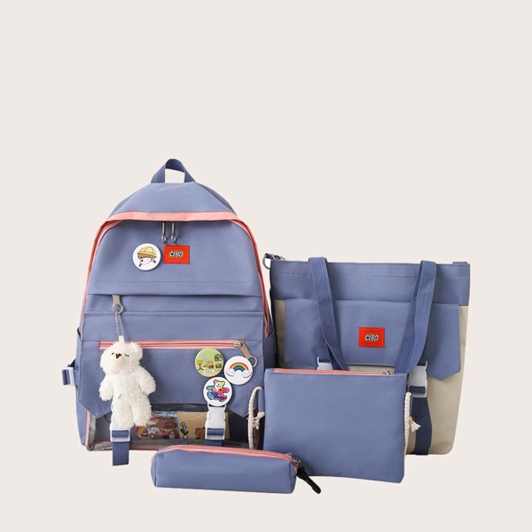 

4pcs Girls Cartoon Decor Two Tone Backpack Set, Blue