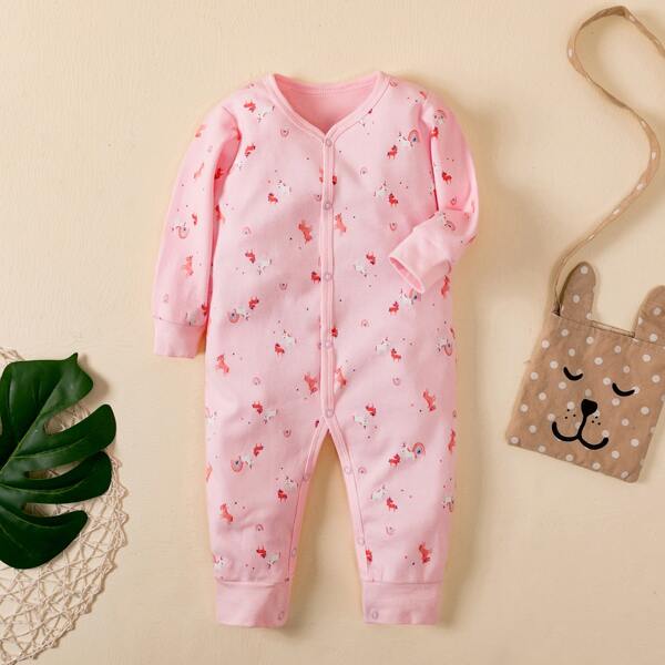 

Baby Girl Unicorn Print V-neck Jumpsuit, Pink