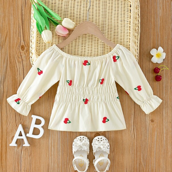

Baby Girl Cherry Patched Flounce Sleeve Blouse, Beige