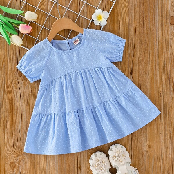 

Baby Girl Swiss Dot Ruffle Hem Babydoll Dress, Baby blue