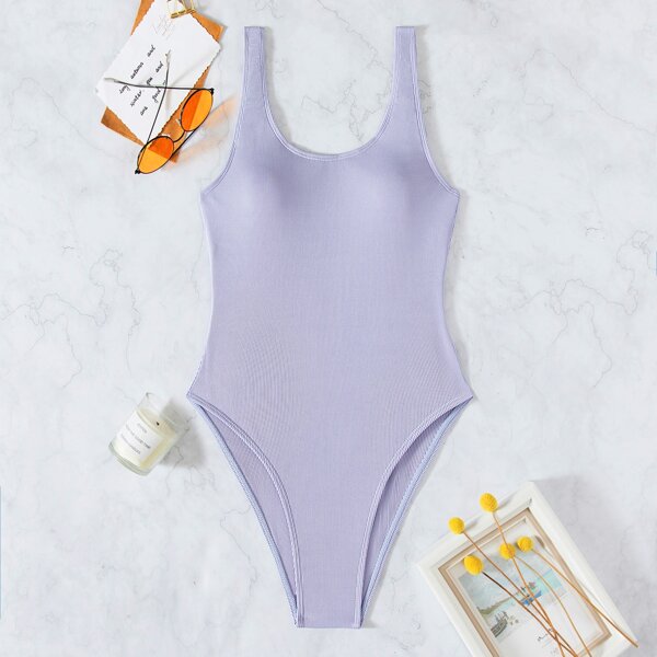 

Plain Rib One Piece Swimsuit, Lilac purple