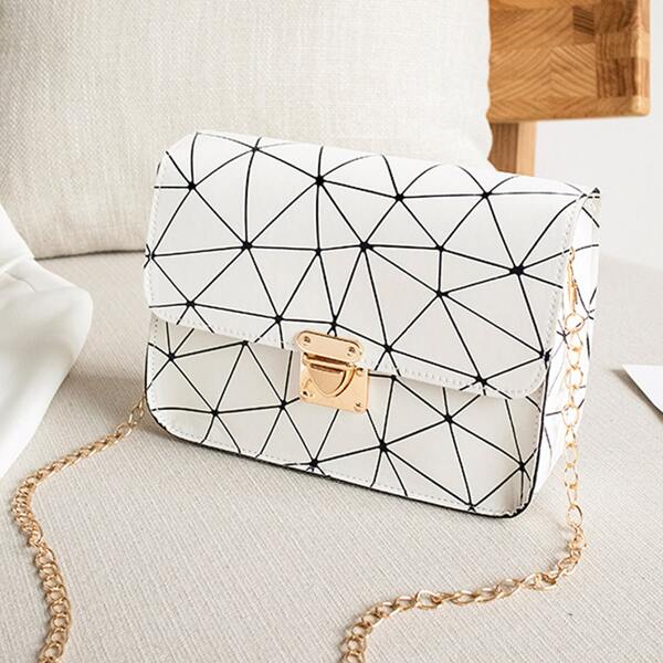 

Geometric Pattern Push Lock Flap Square Bag, White