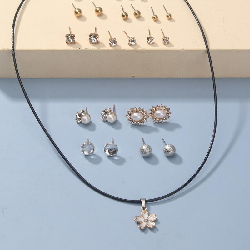 

13pairs Faux Pearl Earrings & 1pc Floral Pendant Necklace, Gold