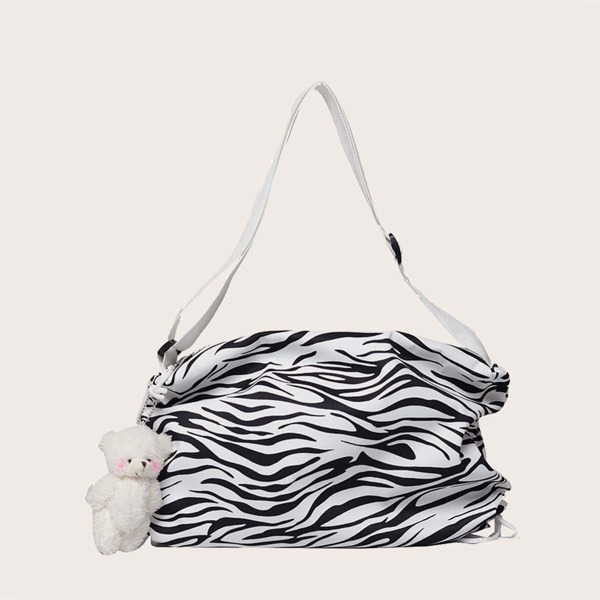 

Zebra Stripe Crossbody Bag With Bag Charm, Black and white