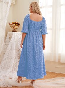 Plus Knot Bust Puff Sleeve Wrinkled A-line Dress - Baby Blue - View 2