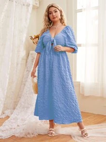 Plus Knot Bust Puff Sleeve Wrinkled A-line Dress - Baby Blue - View 3