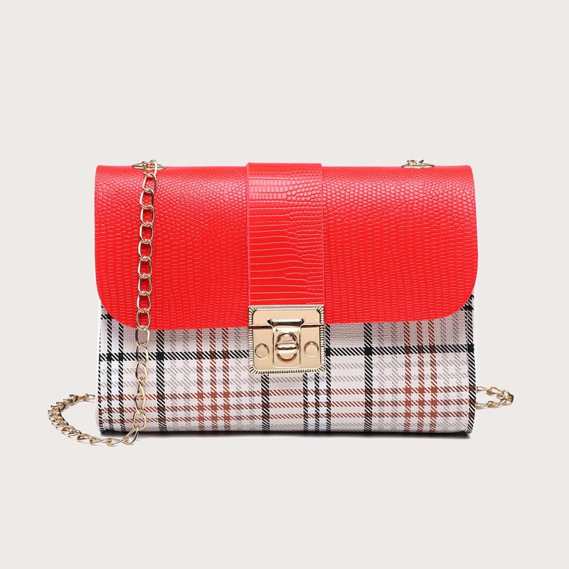 

Plaid Chain Crossbody Bag, Red