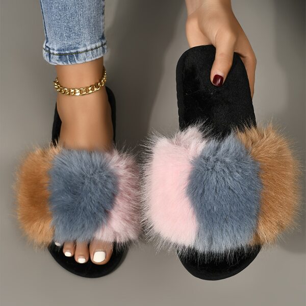 

Striped Fluffy Bedroom Slippers, Multicolor