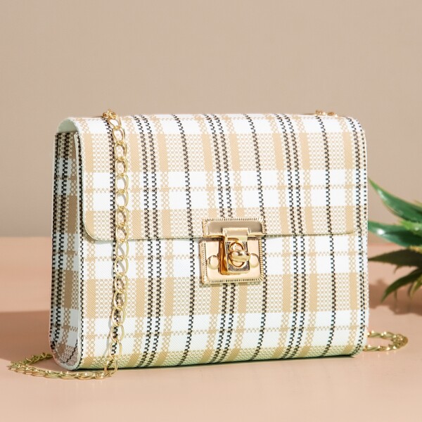 

Plaid Pattern Twist Lock Flap Square Bag, Multicolor