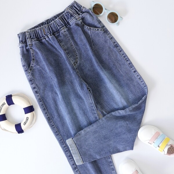 

Girls Elastic Waist Tapered Jeans, Medium wash