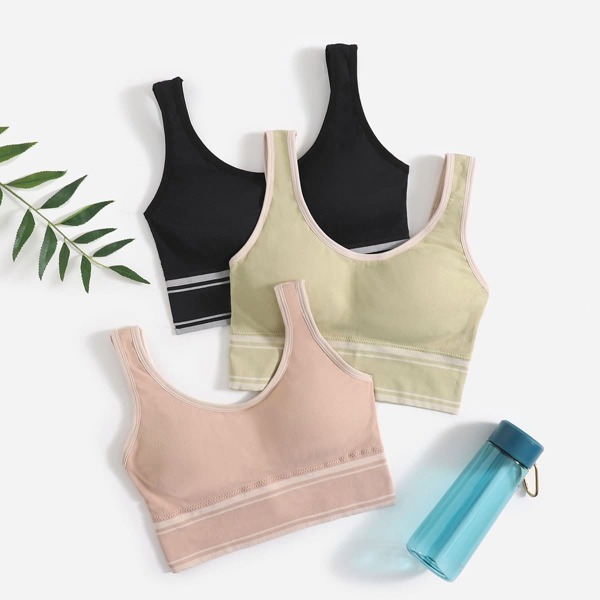 

3pcs Low Back Contrast Binding Sports Bras, Multicolor