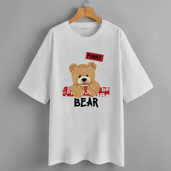 

Bear & Slogan Graphic Drop Shoulder Tee, White