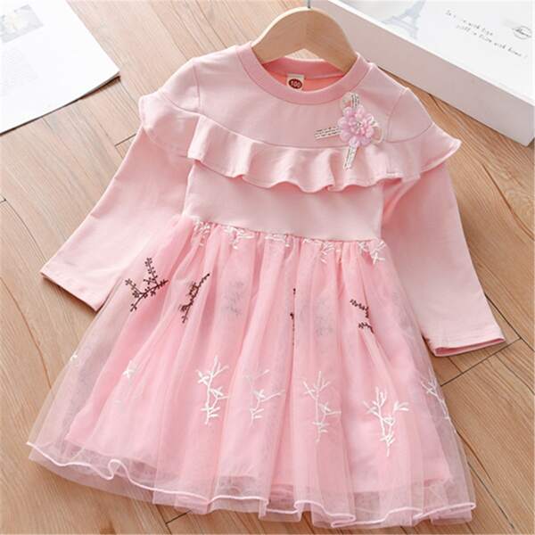 

Toddler Girls Flower Applique Mesh Hem Dress, Baby pink