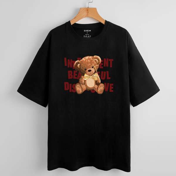 

Bear & Letter Graphic Drop Shoulder Tee, Black