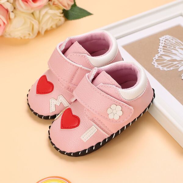 

Baby Girl Heart Appliques Velcro Strap Flats, Pink