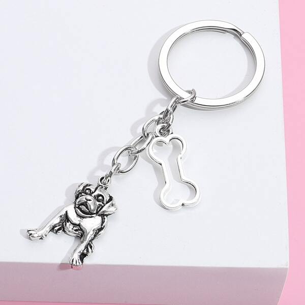 

Dog & Bone Charm Keychain, Silver