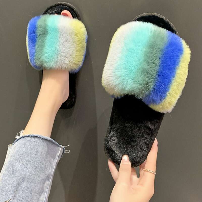 

Striped Fluffy Bedroom Slippers, Blue