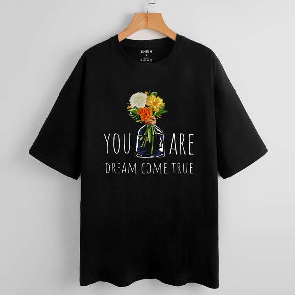 

Floral And Slogan Graphic Drop Shoulder Tee, Black