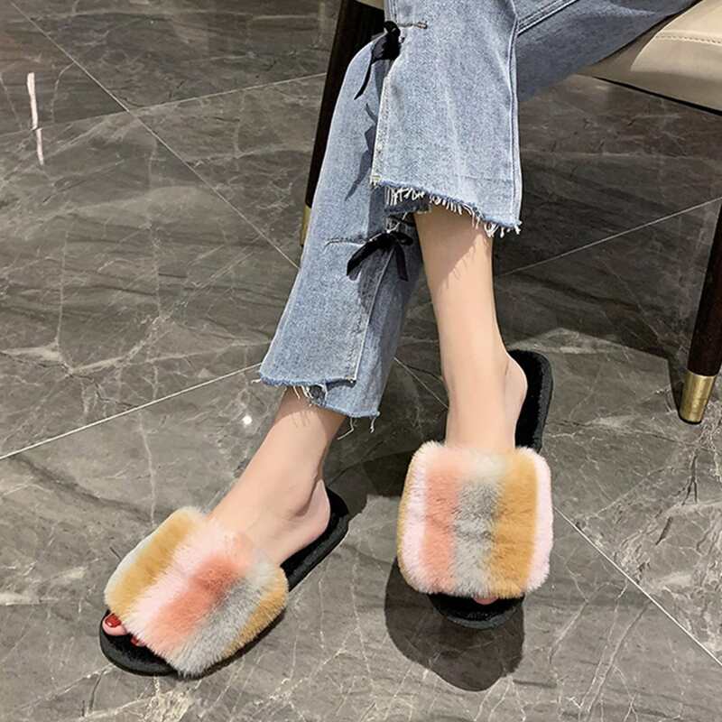 

Striped Fluffy Bedroom Slippers, Pink