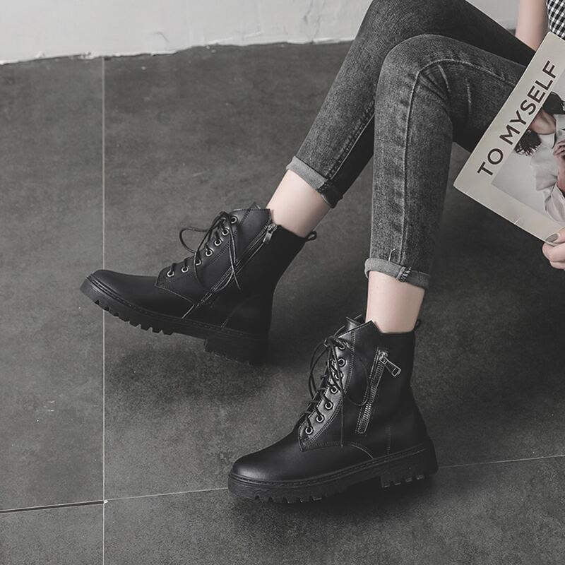 

Lace-up Front Side Zip Combat Boots, Black