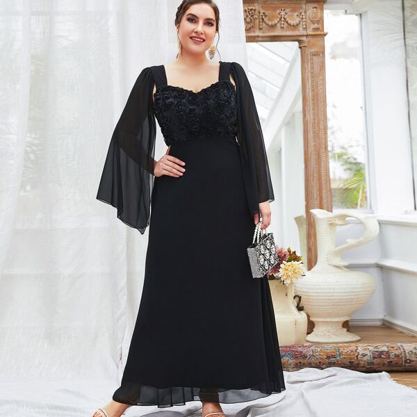 

Plus Cloak Sleeve Appliques Maxi A-line Dress, Black