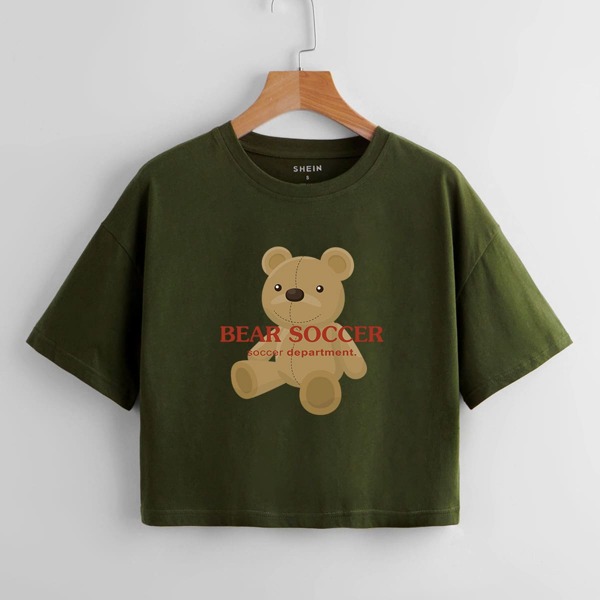 

Bear & Letter Graphic Crop Tee, Army green