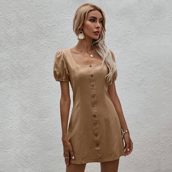 

Puff Sleeve Scoop Neck Button Front Dress, Brown