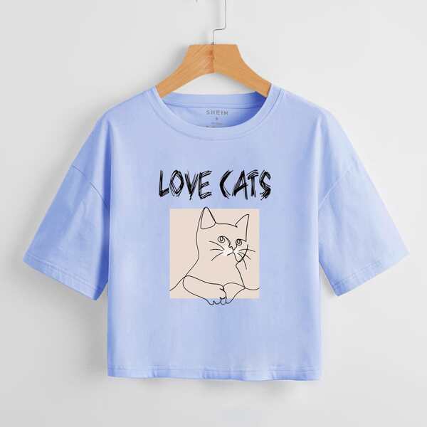 

Slogan And Cat Print Tee, Blue