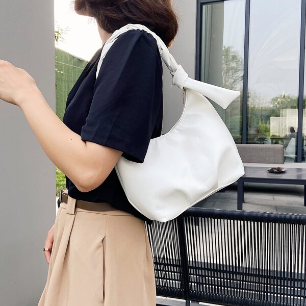 

Minimalist Braided Strap Baguette Bag, White