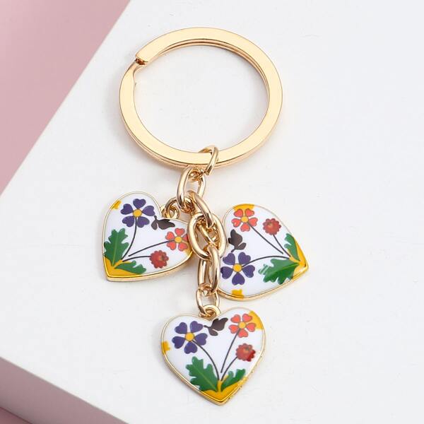 

Flower Print Heart Charm Keychain, Multicolor
