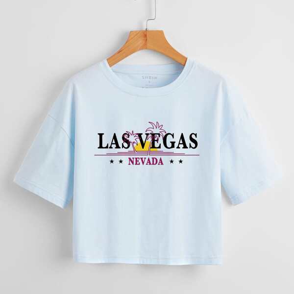 

Palm Tree & Letter Graphic Crop Tee, Baby blue